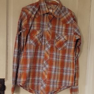 Wrangler Men's Orange and Blue Plaid Button-Down Shirt